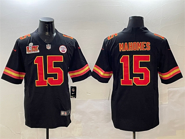 Men's Kansas City Chiefs #15 Patrick Mahomes Black 2025 Super Bowl LIX Patch Vapor Untouchable Limited Stitched Football Jersey
